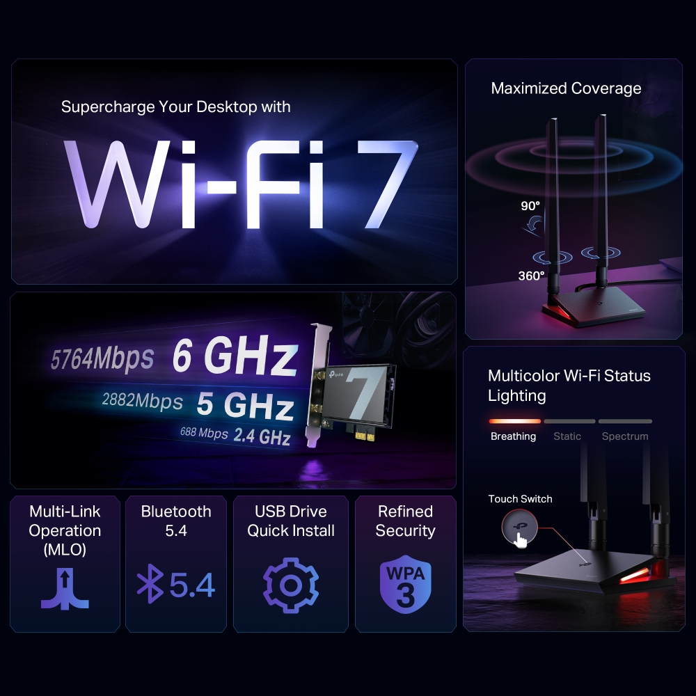TP-LINK Archer TBE550E BE9300 Wi-Fi 7 藍牙 5.4 PCIe 網絡卡 thumbnail 2